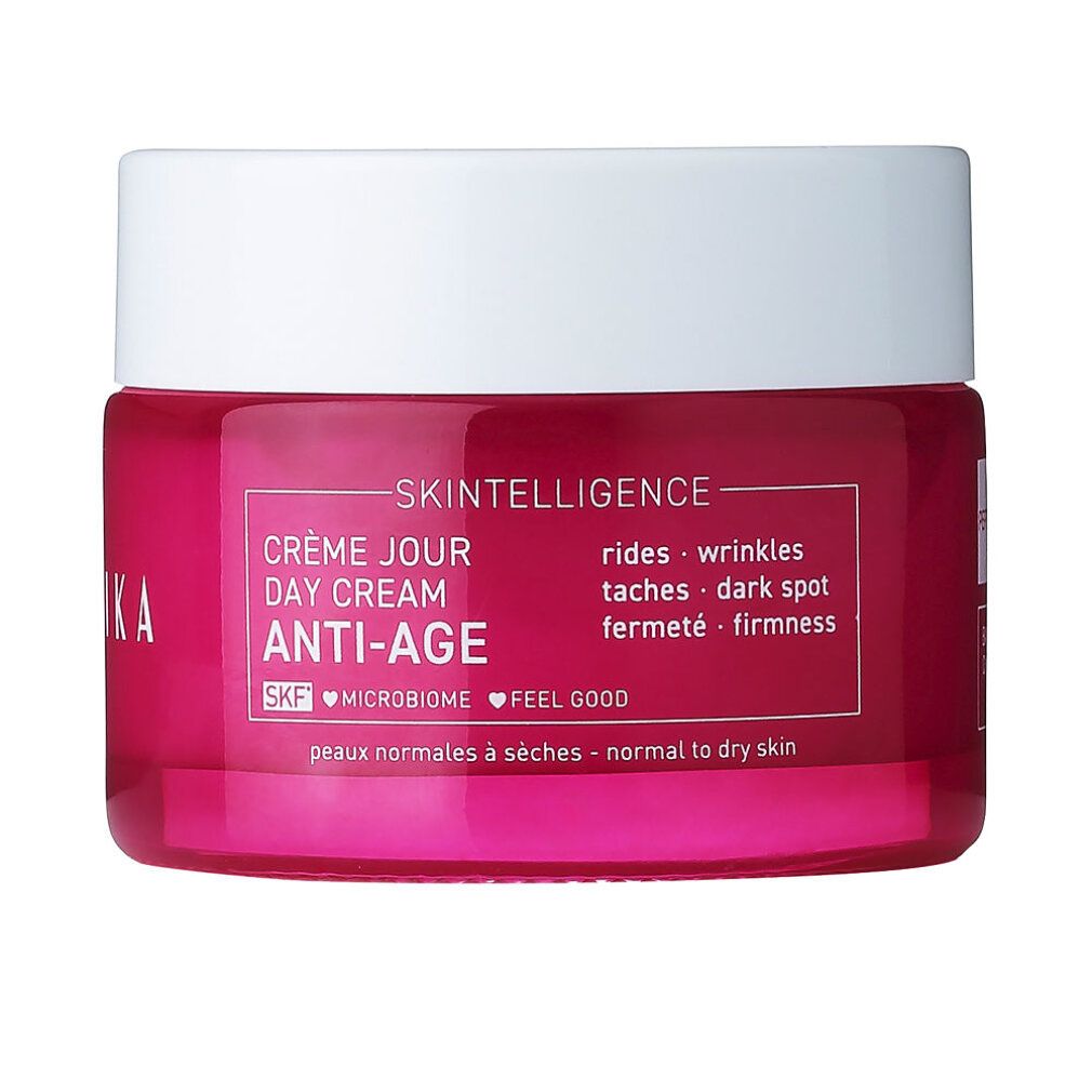 Vaso rosa con scritta bianca SKINTELLIGENCE, CRÈME JOUR DAY CREAM ANTI-AGE. Per pelli da normali a secche.
