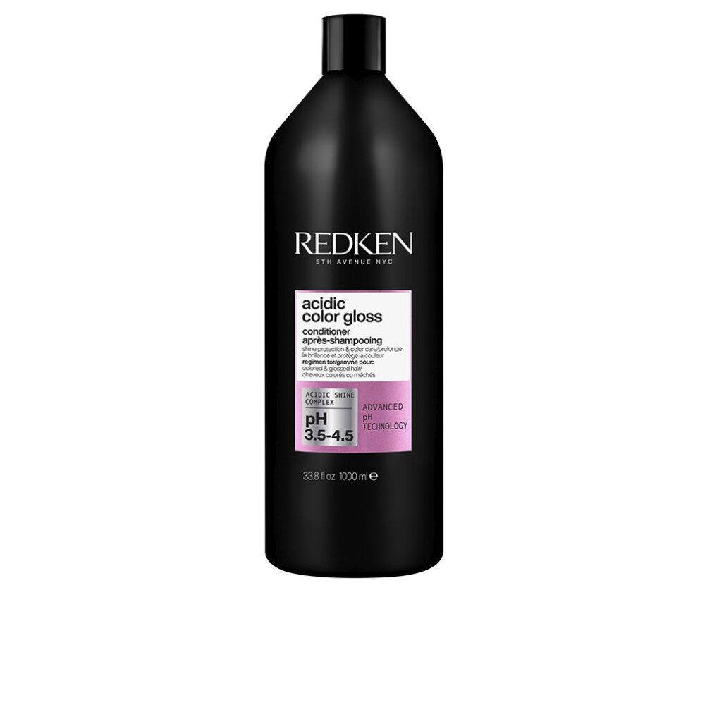 Flacone nero con etichetta bianca. Scritta: Redken, acidic color gloss, Conditioner. pH 3.5-4.5. 1000ml.