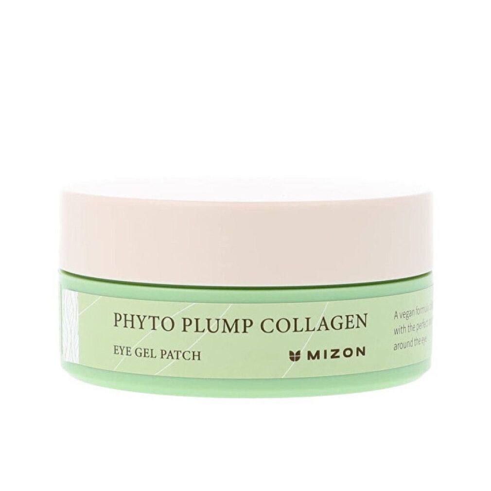Barattolo rotondo, fondo verde, coperchio crema. Scritta: Phyto Plump Collagen Eye Gel Patch. Marchio: Mizon.