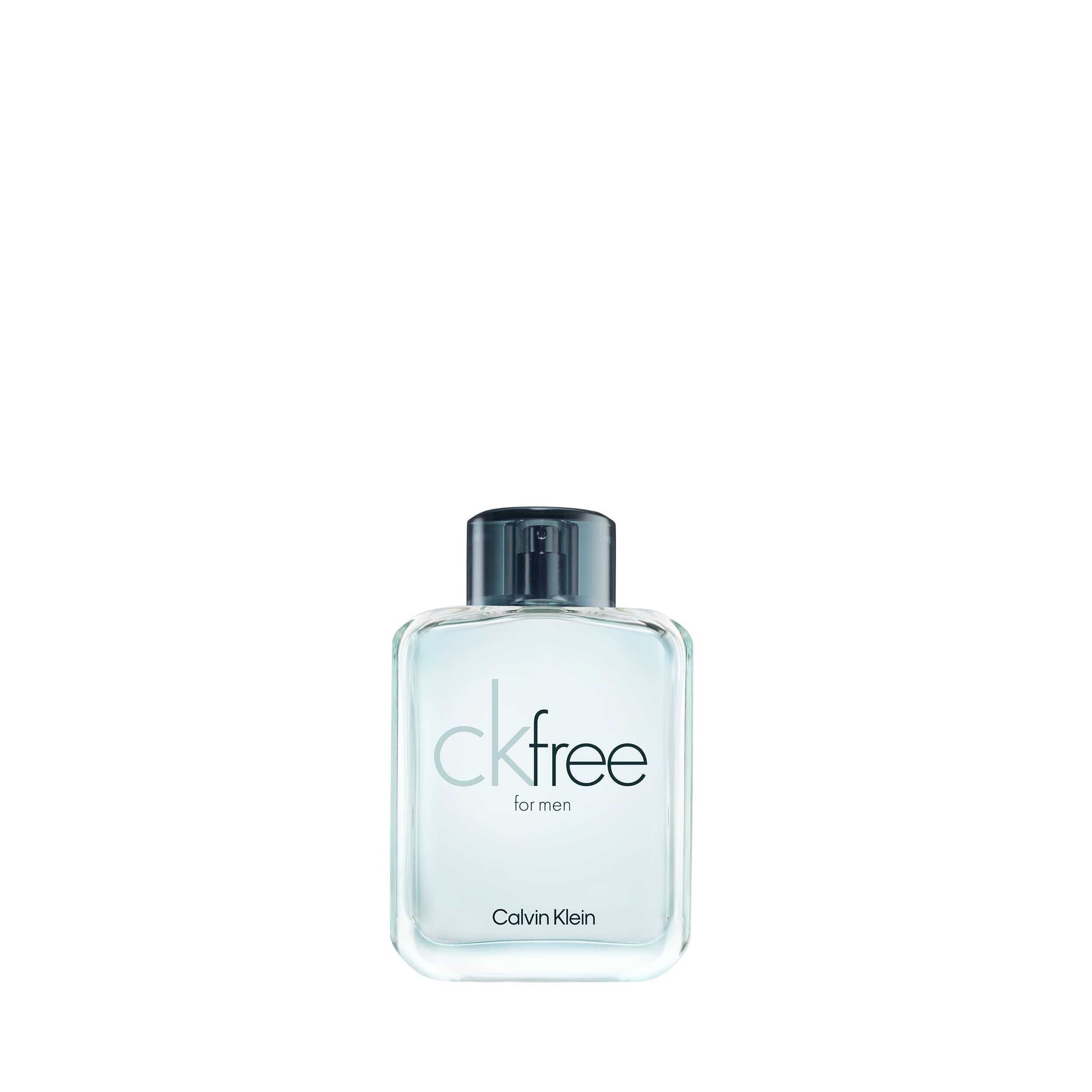 Flacone di profumo azzurro chiaro con tappo nero. Scritta "ckfree for men" e "Calvin Klein".
