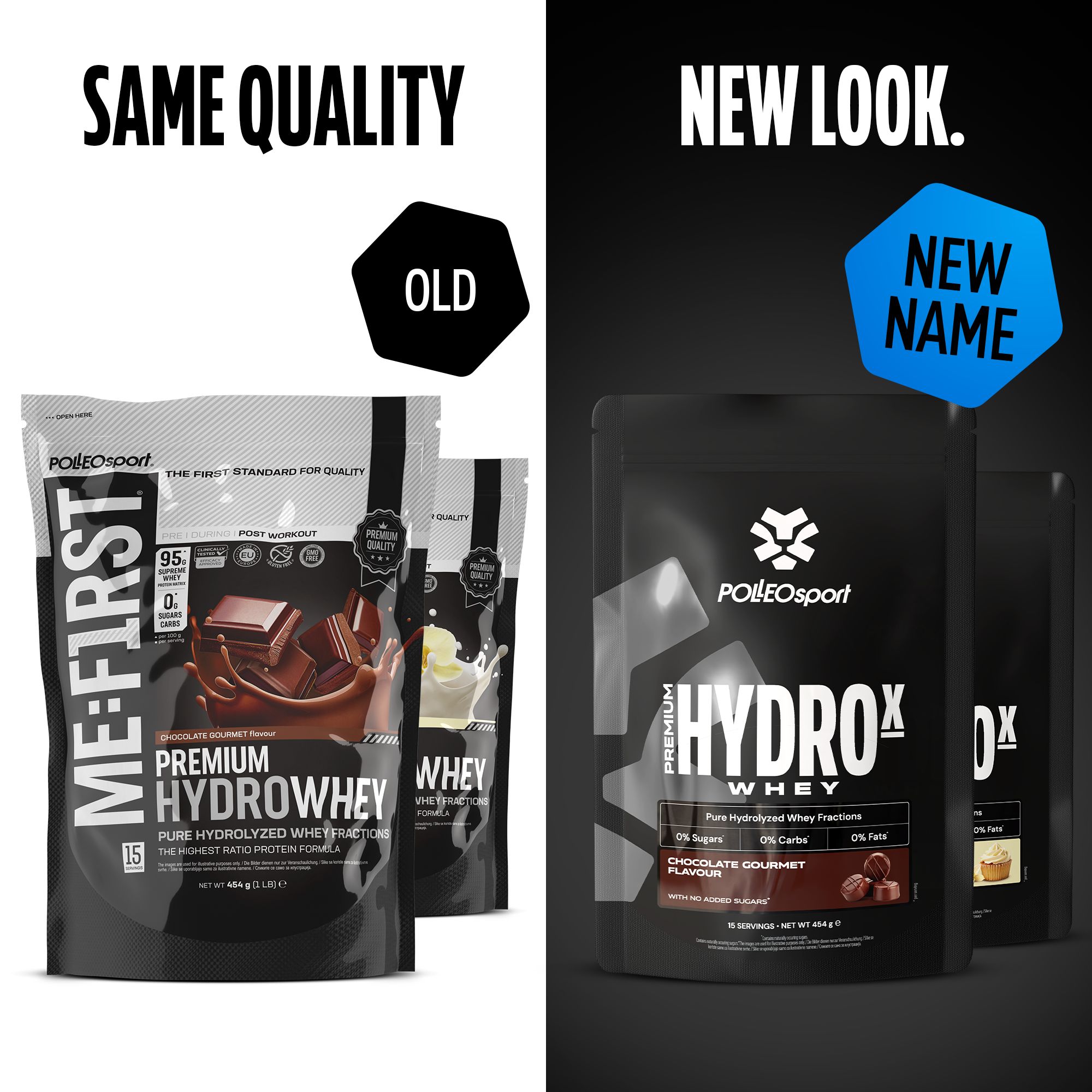 Confronto: "ME:FIRST Premium Hydrowhey" vs. "HYDROX Whey". Entrambi i prodotti in confezioni nere. Marchio: PolleoSport.
