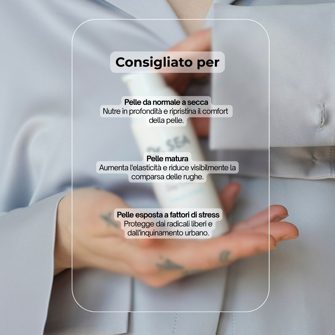 Flacone bianco con dosatore. Scritta: Dr. SEA, Prebiotic Hydrating Day Cream. Testo: Consigliato per...