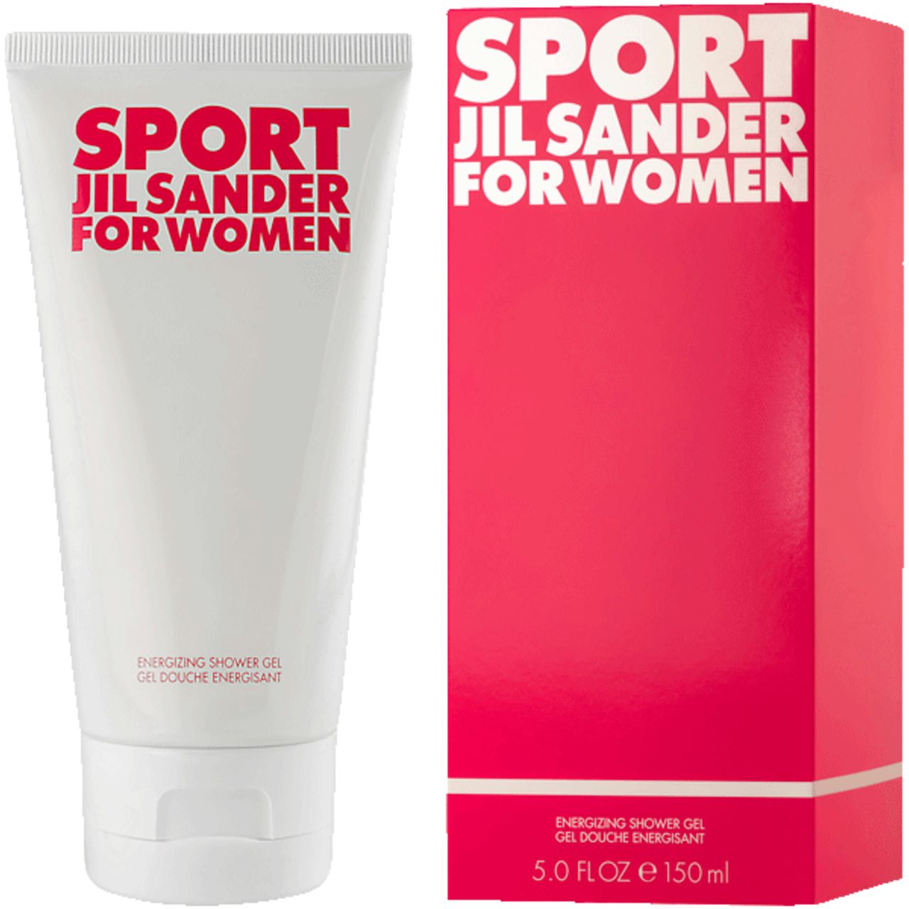 Tubo bianco e scatola rettangolare. Scritta SPORT JIL SANDER FOR WOMEN. Sotto: Energizing Shower Gel. 5.0 FL.OZ e 150ml.