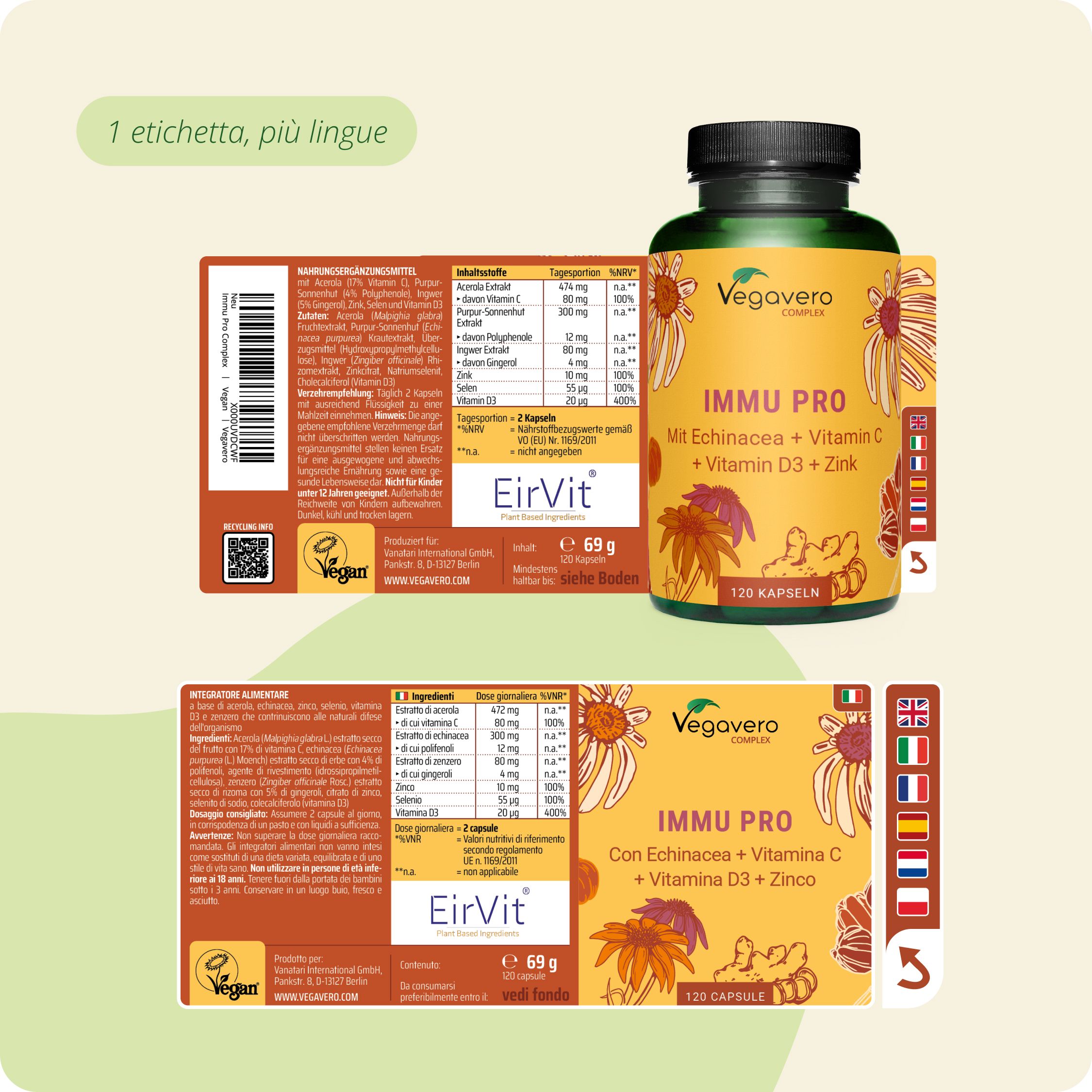 Capsule Veggavero IMMU PRO: flacone ed etichette con lista ingredienti e dosaggio.