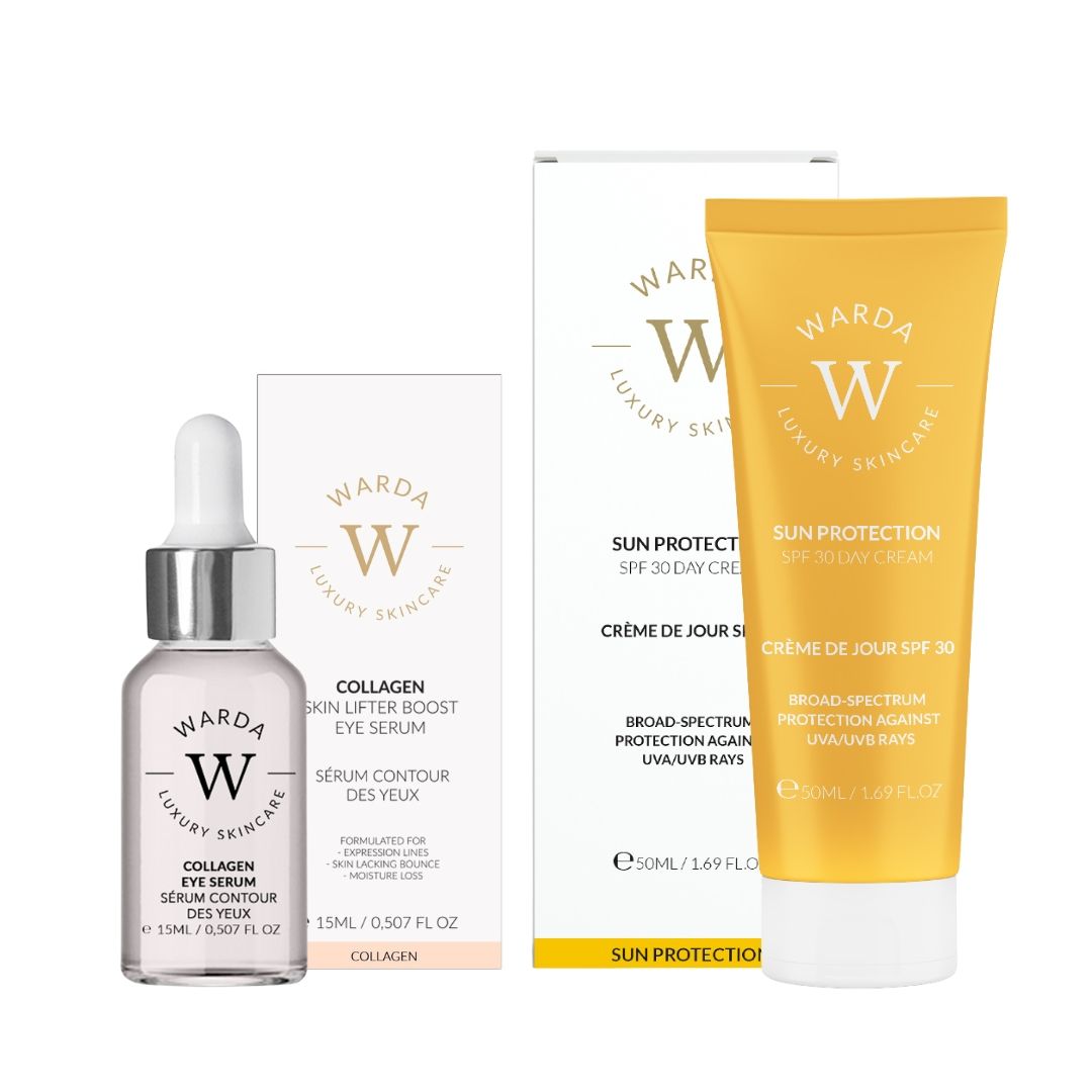 Prodotti Warda Luxury Skincare: Siero collagene, crema giorno SPF 30. Flacone, tubo, confezione. Bianco, giallo, argento. Testo.
