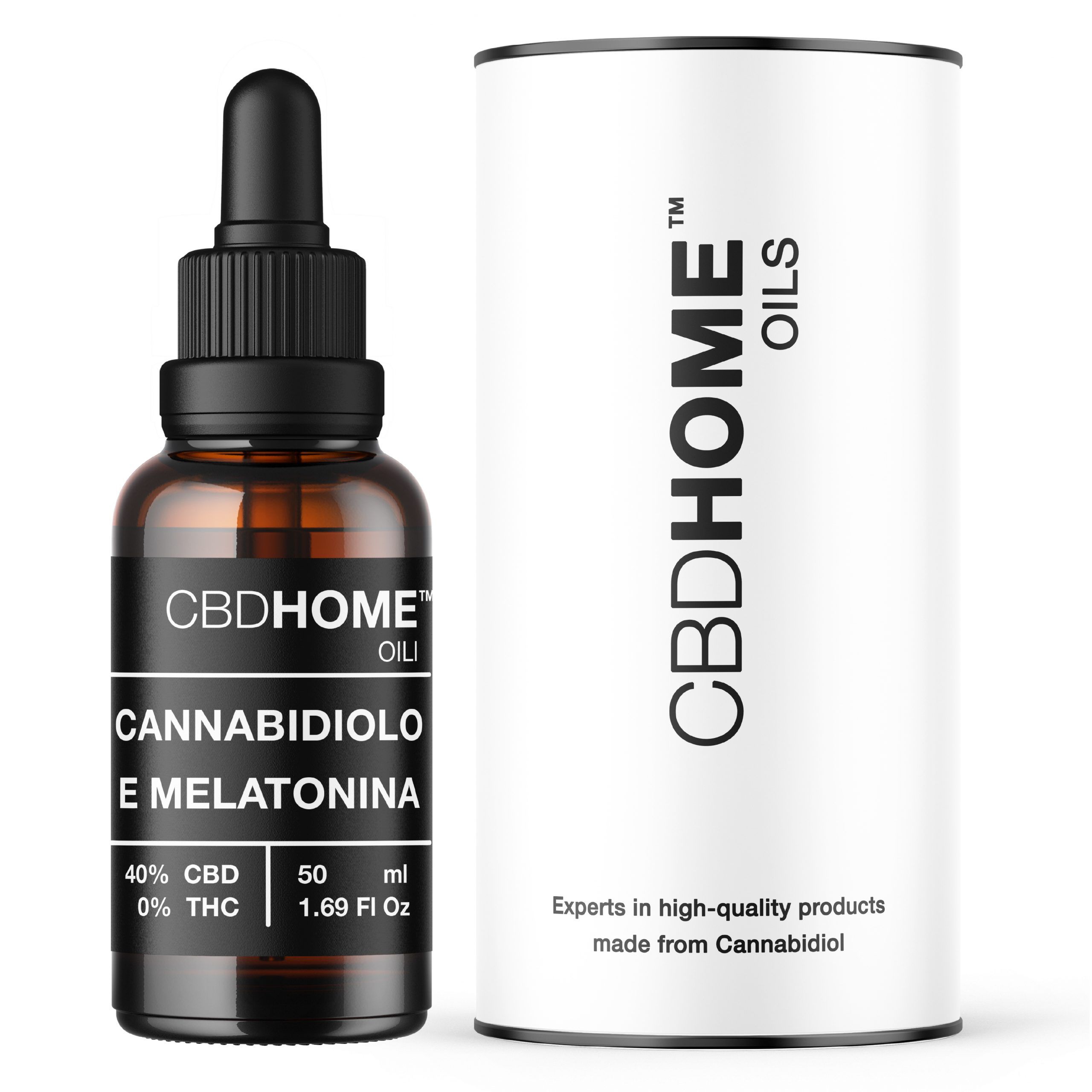 Flacone di oli CBDHOME con contagocce e cilindro di imballaggio. Contiene 40% CBD, 0% THC, 50ml.