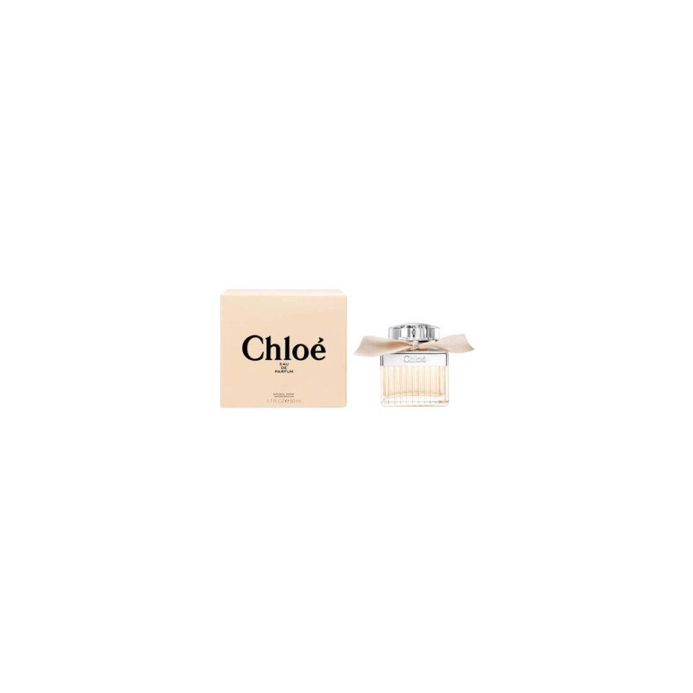 Flacone Chloé Eau de Parfum con fiocco e scatola. Scritta: Chloé, Eau de Parfum.