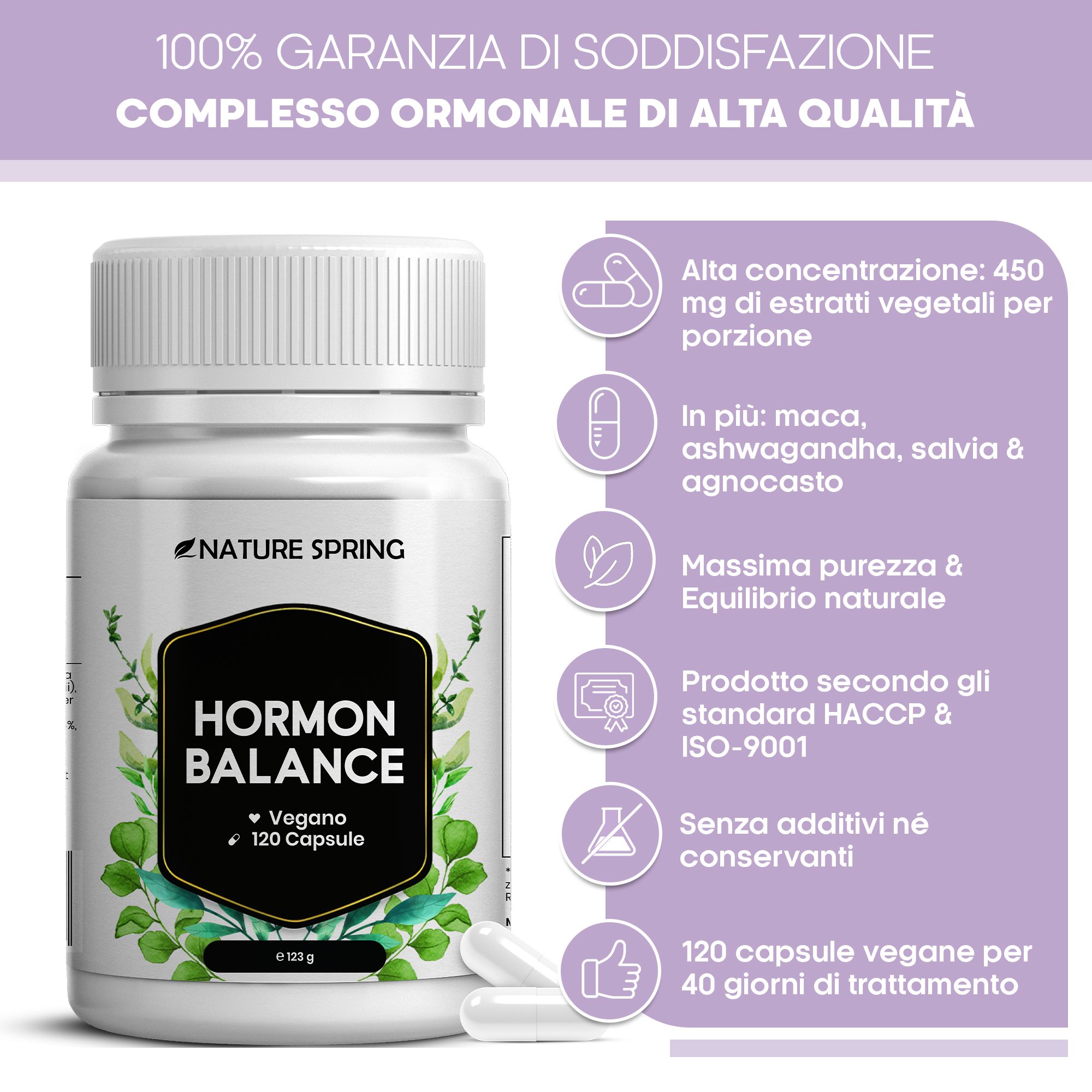 Schema ingredienti Hormon Balance: finocchio, maca, salvia, ashwagandha, rodiola, agnocasto.