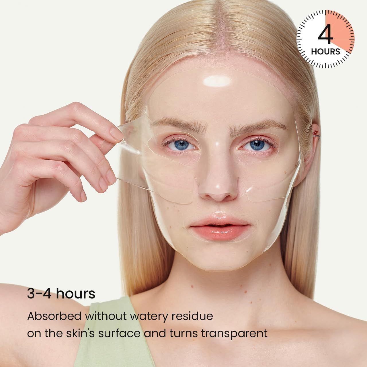Donna con maschera trasparente. Testo: 3-4 ore, assorbito senza residui, diventa trasparente.