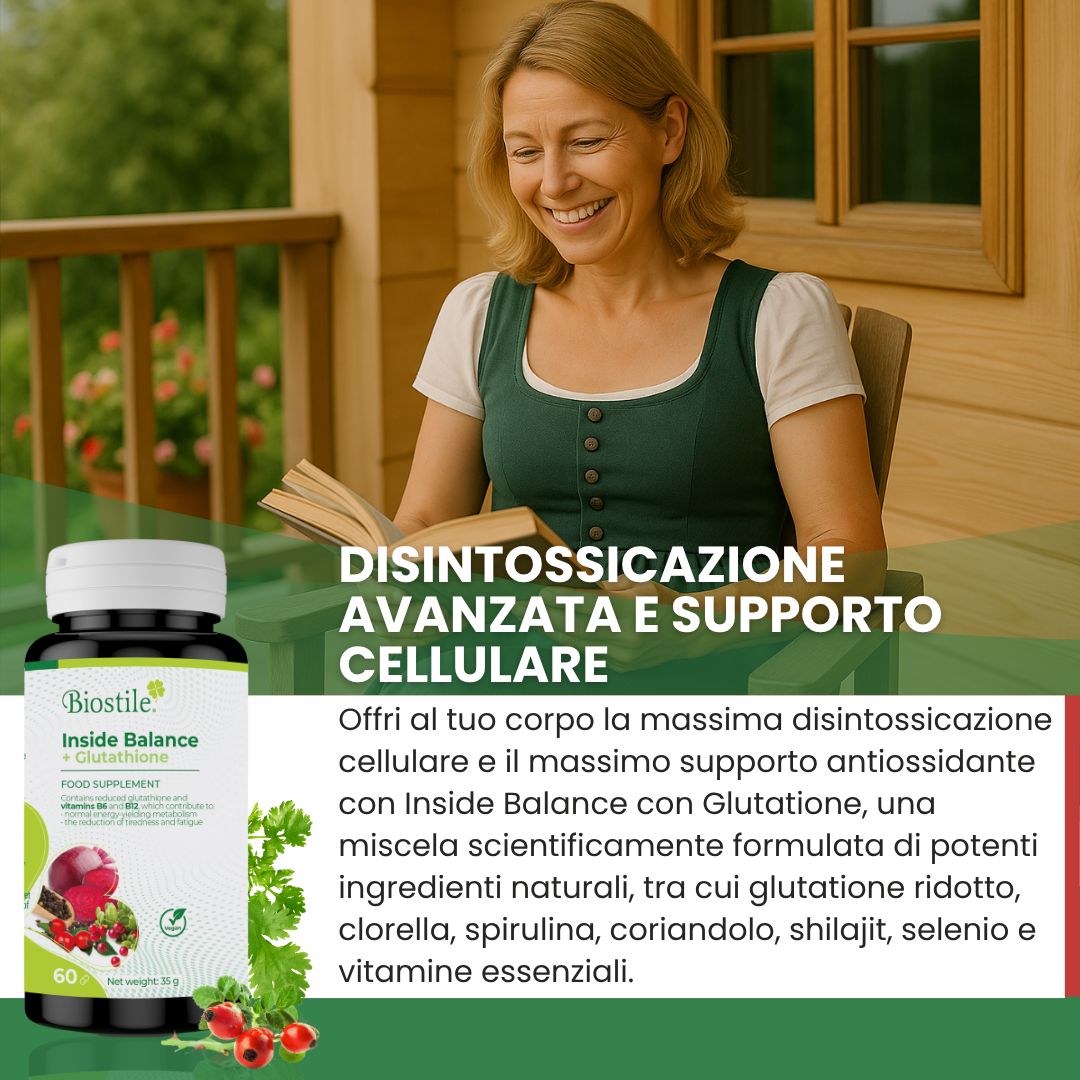 Donna legge un libro, accanto a un flacone di prodotto. Testo: Disintossicazione avanzata e supporto cellulare. Nome del prodotto visibile.