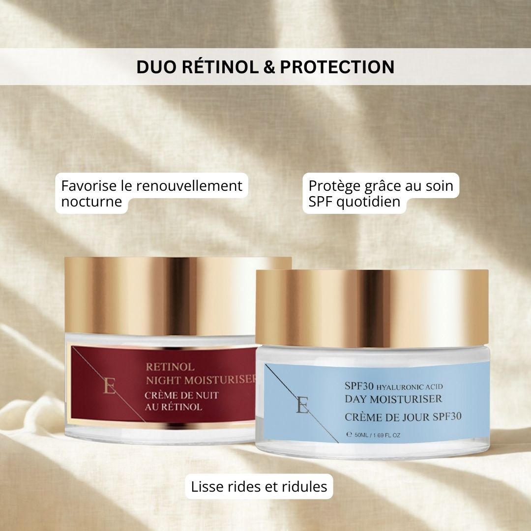 Due vasetti di crema con coperchi dorati. A sinistra: etichetta rossa, "Retinol Night Moisturiser". A destra: etichetta blu, "SPF30 Hyaluronic Acid Day Moisturiser". Testo: "Duo Rétinol & Protection".
