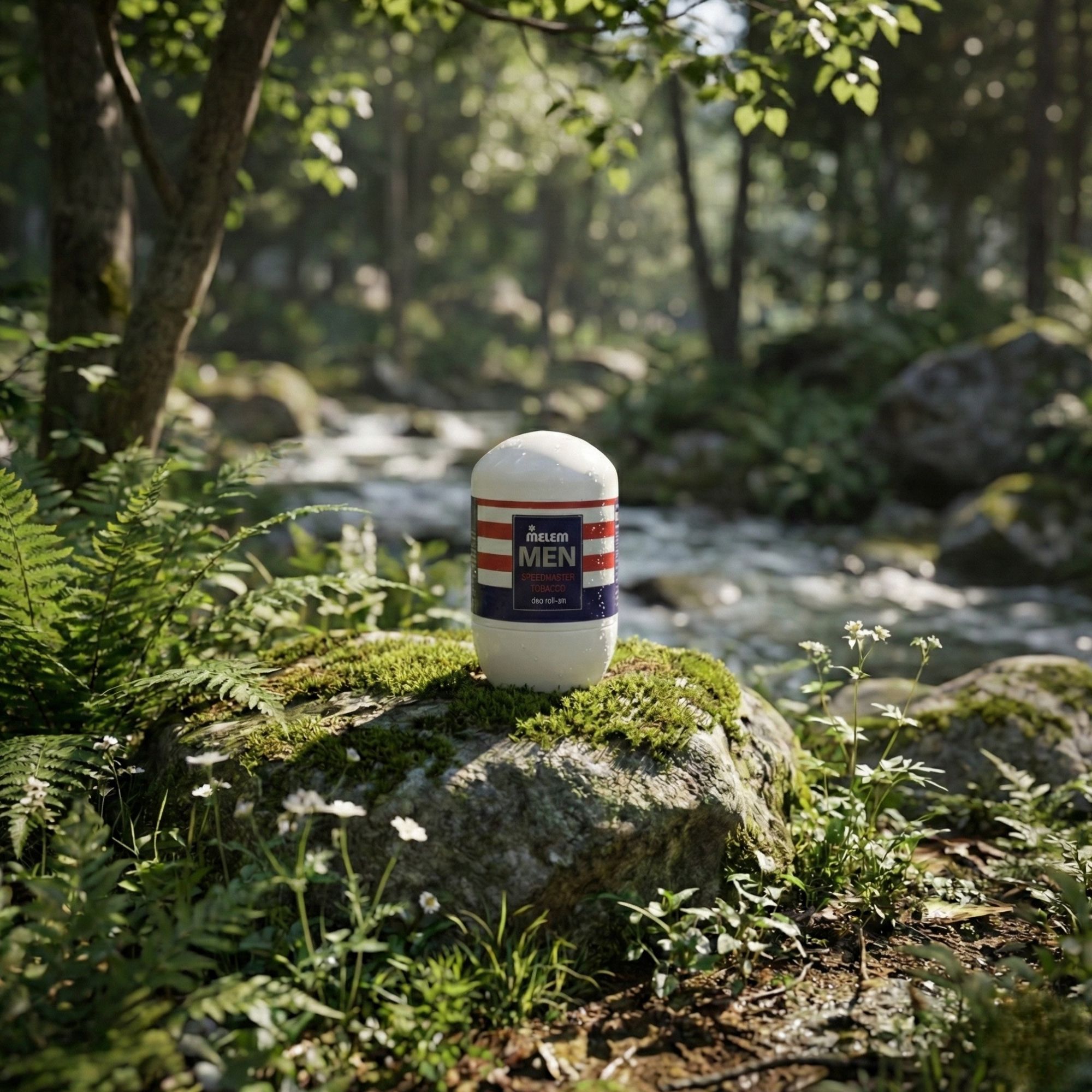 Deodorante bianco con fascia rossa, bianca e blu. Posizionato su una pietra nel bosco. Lo sfondo mostra un ruscello e alberi.
