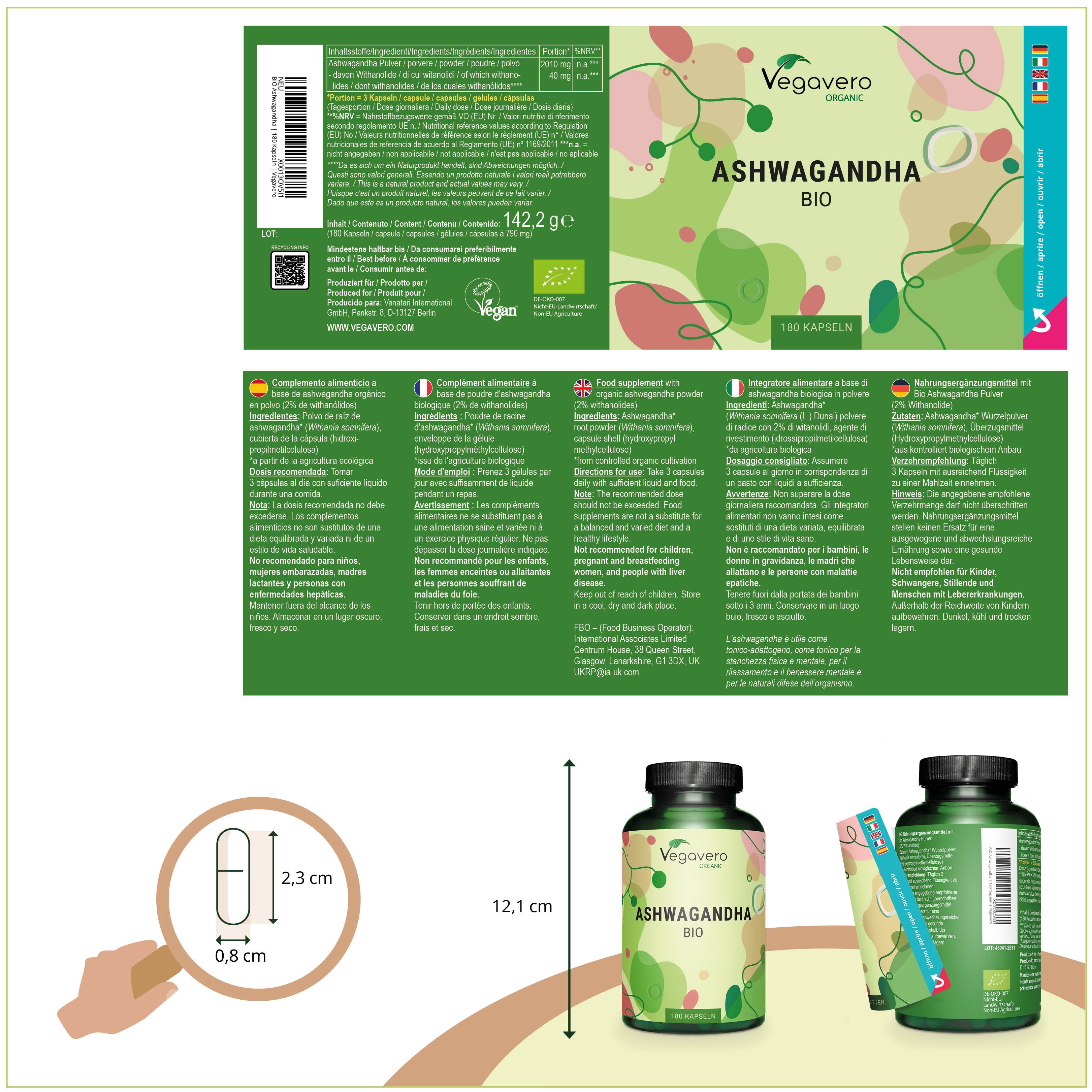 Confezione prodotto con informazioni. Flacone Ashwagandha BIO e indicazione dimensioni capsula: 2,3 x 0,8 cm.