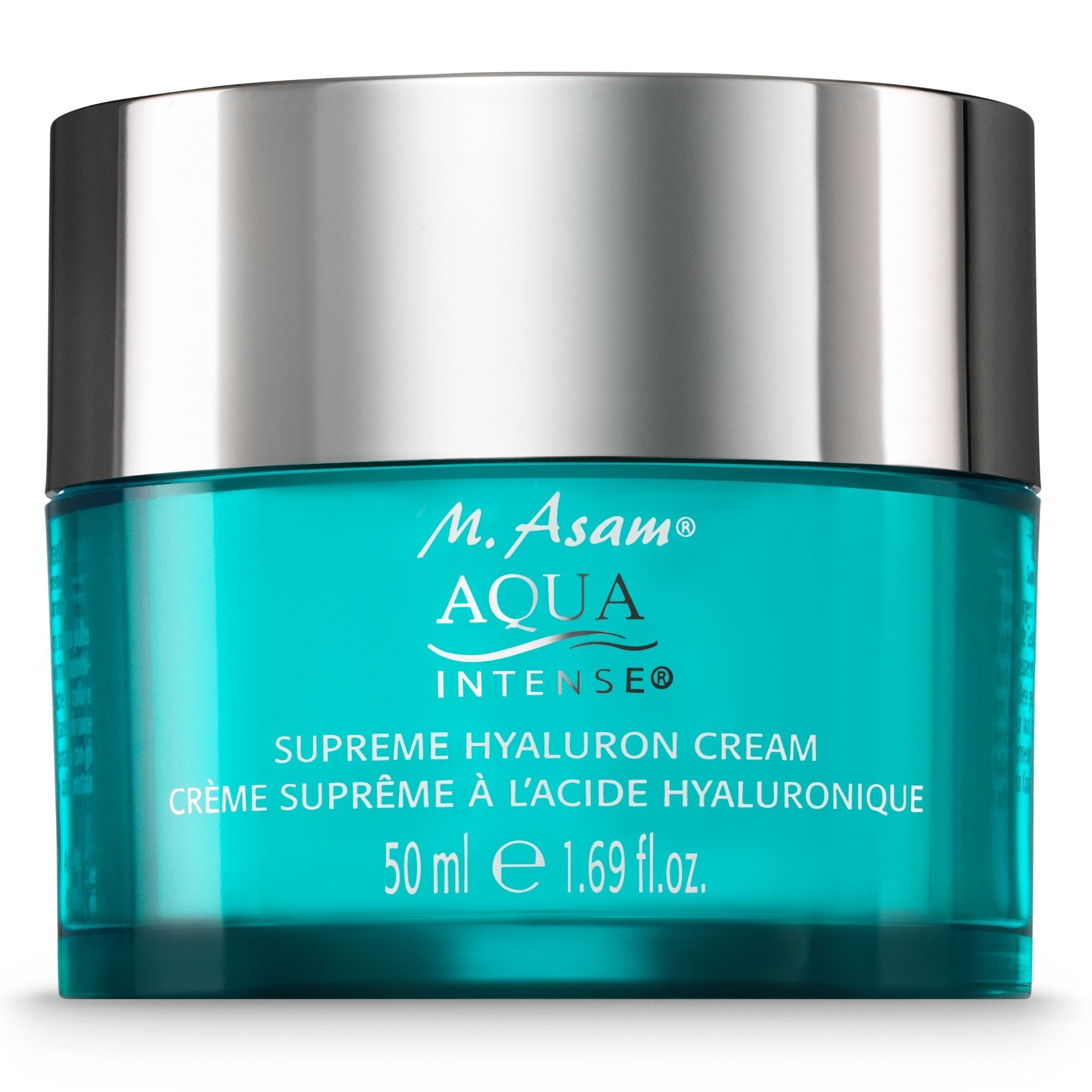 Vaso di M. Asam Aqua Intense Supreme Hyaluron Cream. Vetro turchese, coperchio argentato. Nome del prodotto e indicazione del volume.