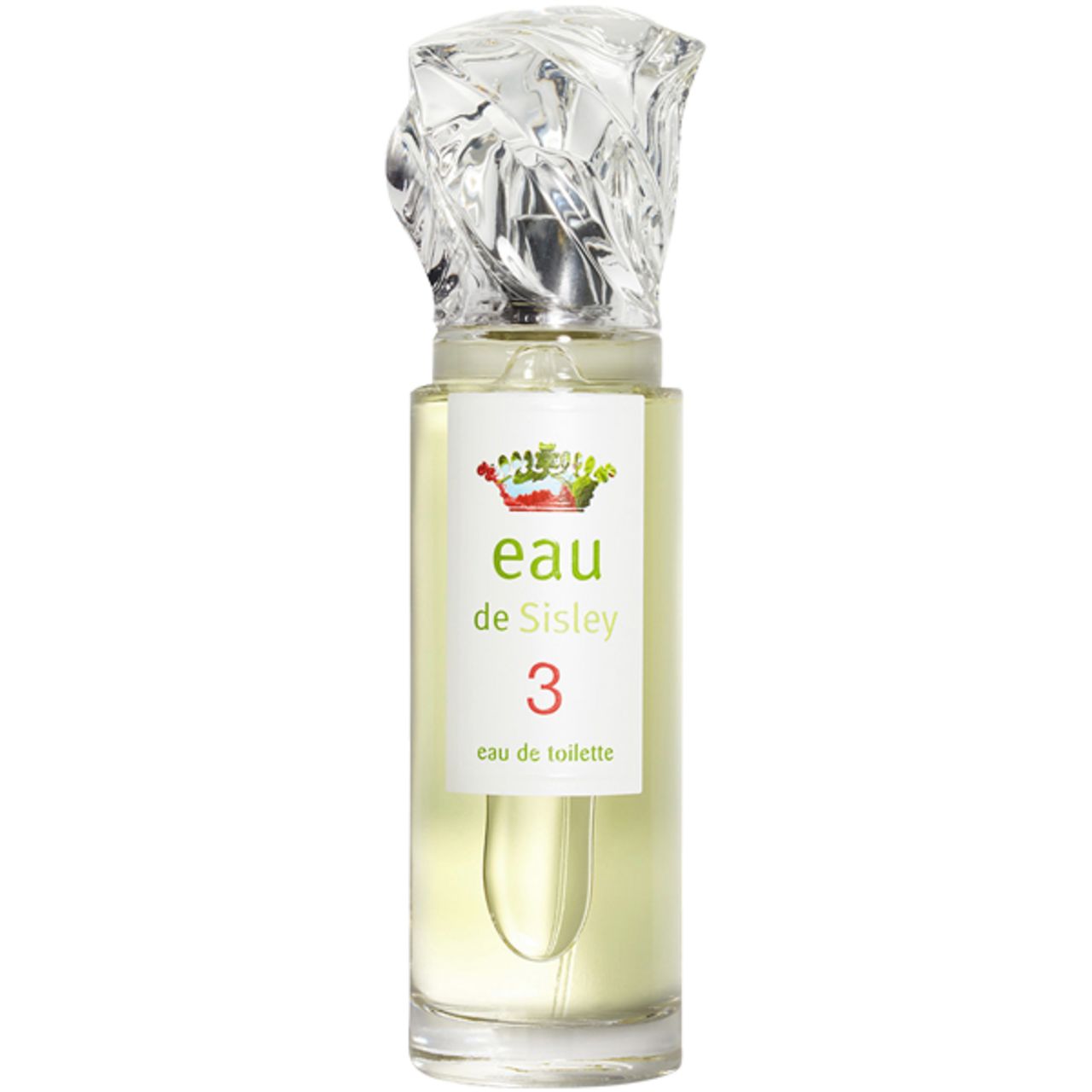 Flacone di profumo con tappo trasparente. Etichetta "eau de Sisley 3".