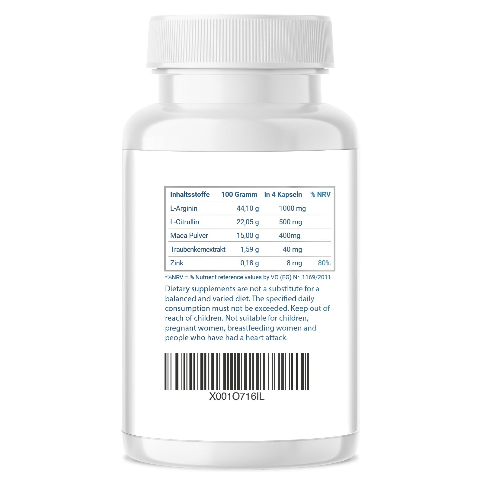 Flacone bianco con informazioni nutrizionali. Contiene L-Arginina, L-Citrullina, polvere di maca, estratto di semi d'uva e zinco. Codice a barre.