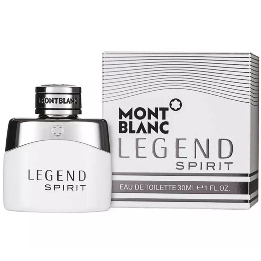 Flacone bianco con tappo argentato e confezione. Scritta: MONTBLANC LEGEND SPIRIT. Eau de Toilette.