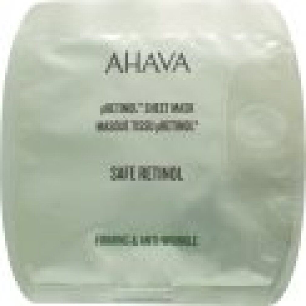 Maschera in tessuto Ahava pRetinol. Confezione bianca con testo. "SAFE RETINOL" e "FORMULA ANTI-WRINKLE" sono visibili.