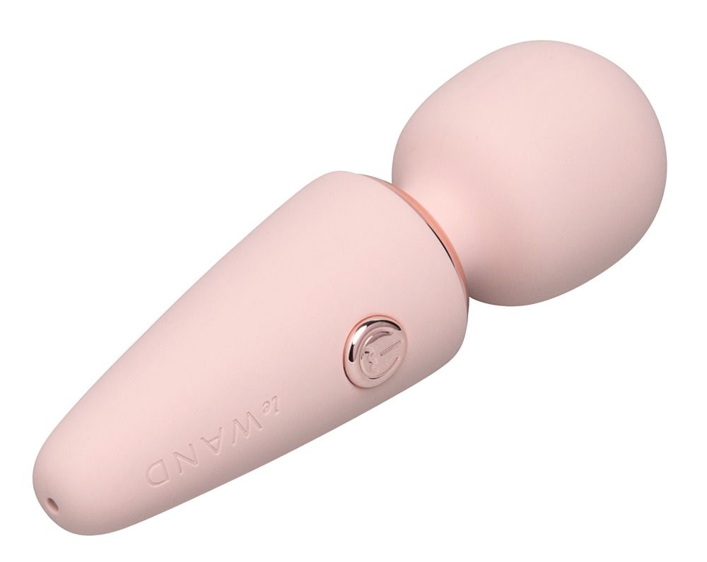 Un piccolo vibratore rosa con testa sferica e manico conico, visto di lato.