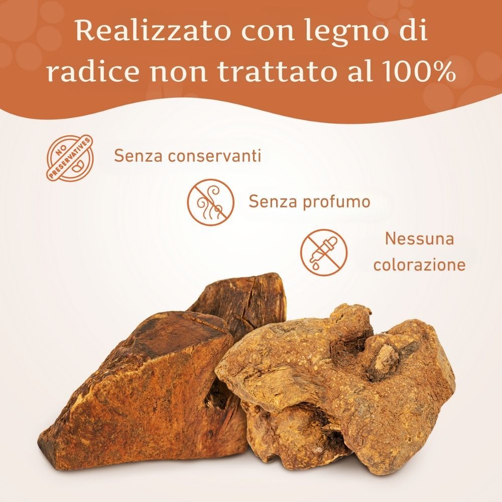 Tre snack da masticare marroni. Testo: Senza conservanti, senza profumo, senza coloranti. Sfondo: marrone chiaro.