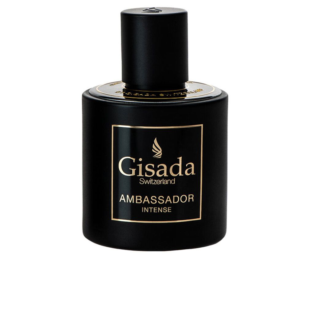 Flacone nero con etichetta dorata. Scritta: Gisada, Ambassador Intense. Tappo nero.