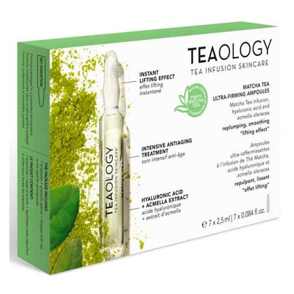 Confezione Teaology Matcha Tea Ultra-Firming Ampoules. Scatola verde e bianca con fiala, polvere di matcha e foglie.