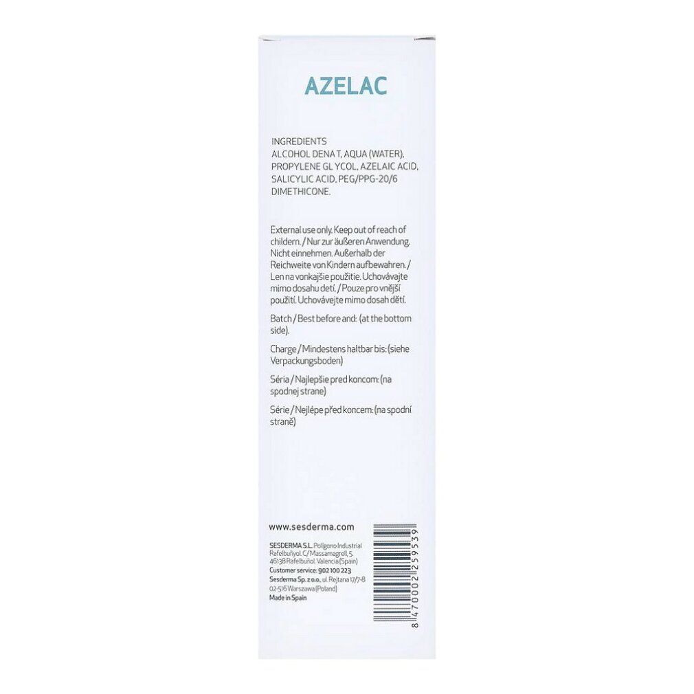 Scatola di Sesderma Azelac. Scritta: Azelac. Elenco ingredienti, numero di lotto, data di scadenza, informazioni produttore. Testo multilingue.
