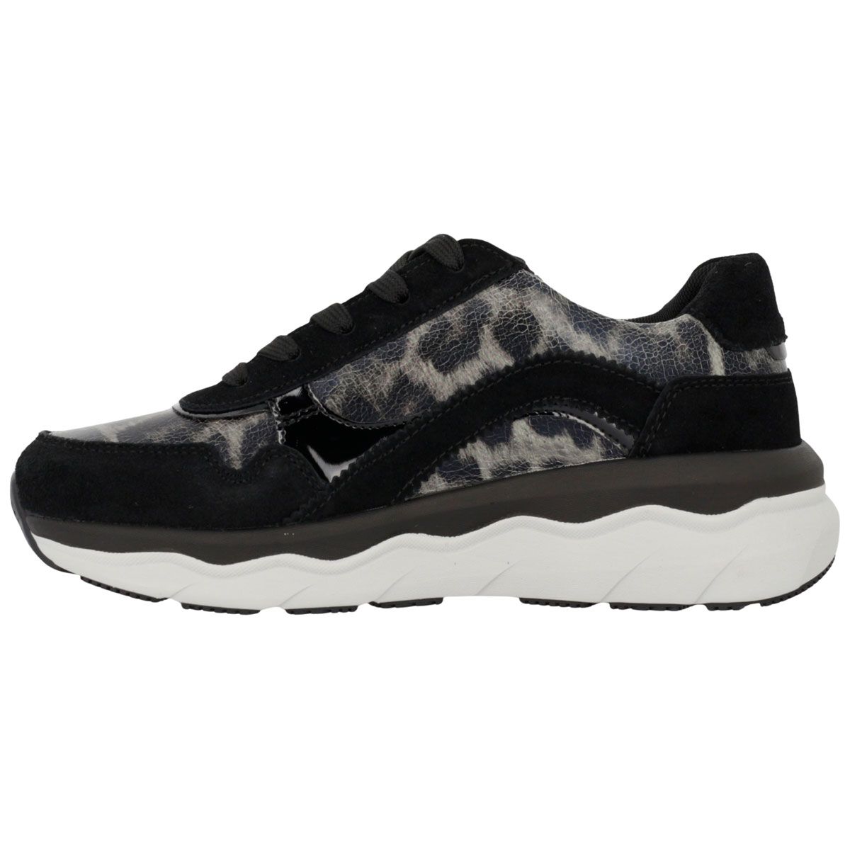 Sneaker nere da donna con stampa leopardata, camoscio, lacci e zip laterale.