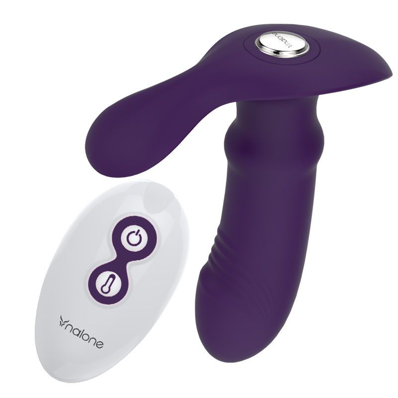 Vibratore viola con telecomando. Il vibratore ha un manico curvo e una punta arrotondata. Il telecomando è bianco con due pulsanti.