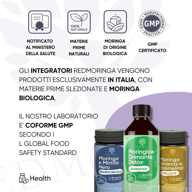 Tre prodotti RedMoringa Detox. Una bottiglia e due contenitori di capsule. Testo: Notificato al Ministero della Salute. GMP.