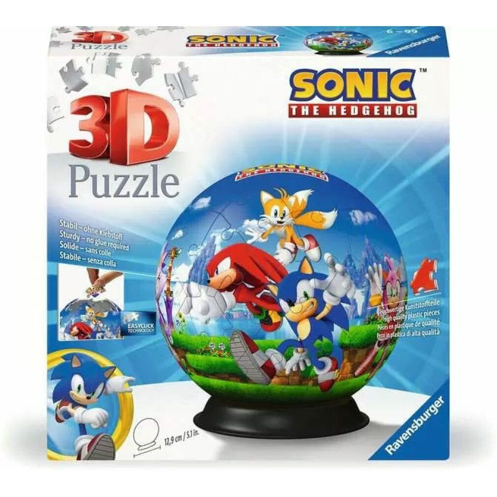 Confezione puzzle 3D. Mostra il puzzle finito e i personaggi di Sonic. Con 72 pezzi.