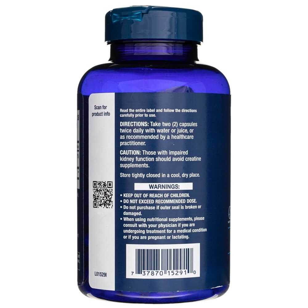 Retro del flacone Life Extension Kreatin-Kapseln. Include istruzioni per l'uso e avvertenze. Codice QR per informazioni sul prodotto.