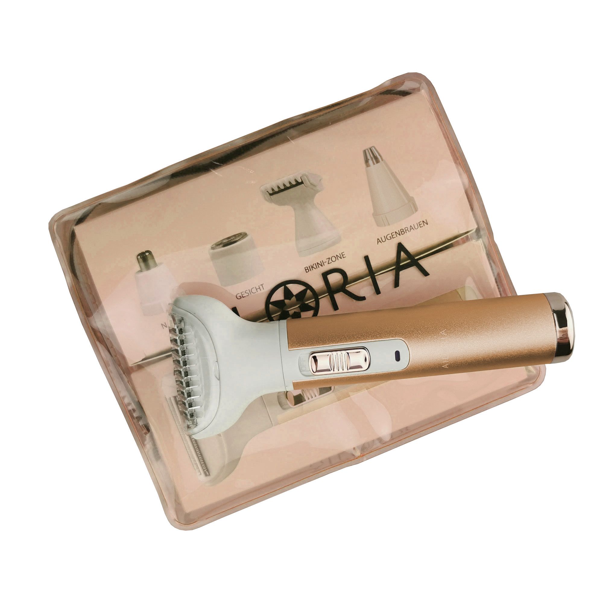 Rasoio in confezione trasparente. Manico dorato, testina bianca. Testine visibili.