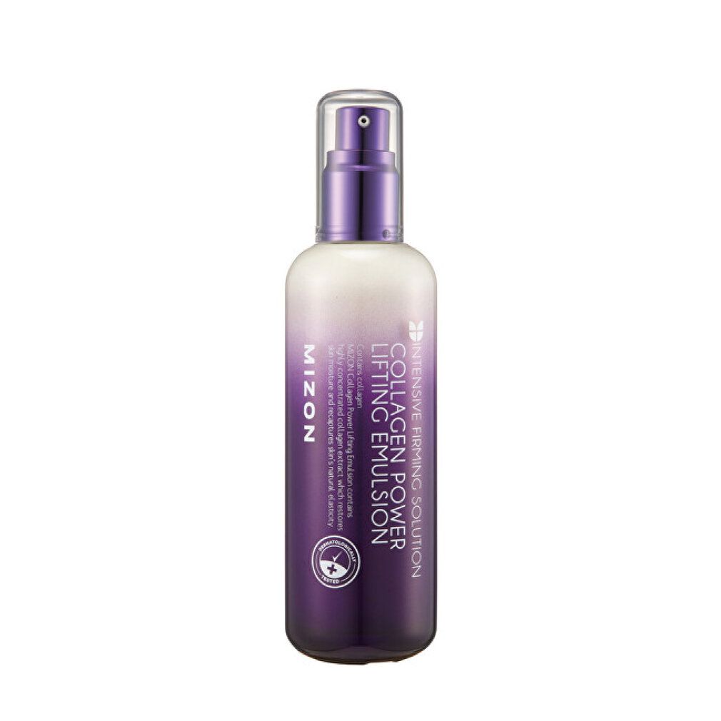 Flacone MIZON Collagen Power Lifting Emulsion. Sfumatura bianco-viola, erogatore spray. Testo: Intensive Firming Solution.