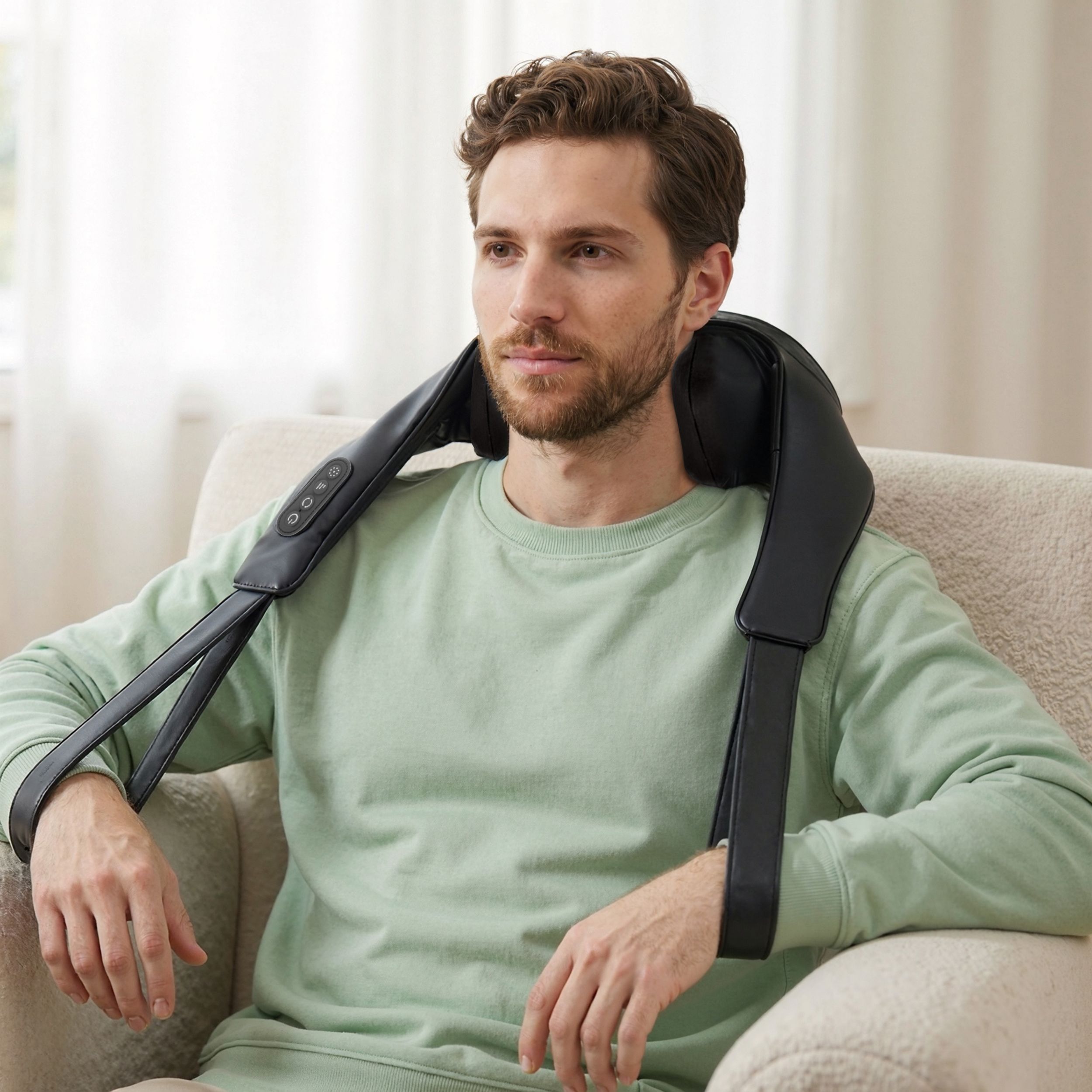Uomo seduto con un massaggiatore per il collo nero. Il dispositivo ha due cinghie per le spalle.