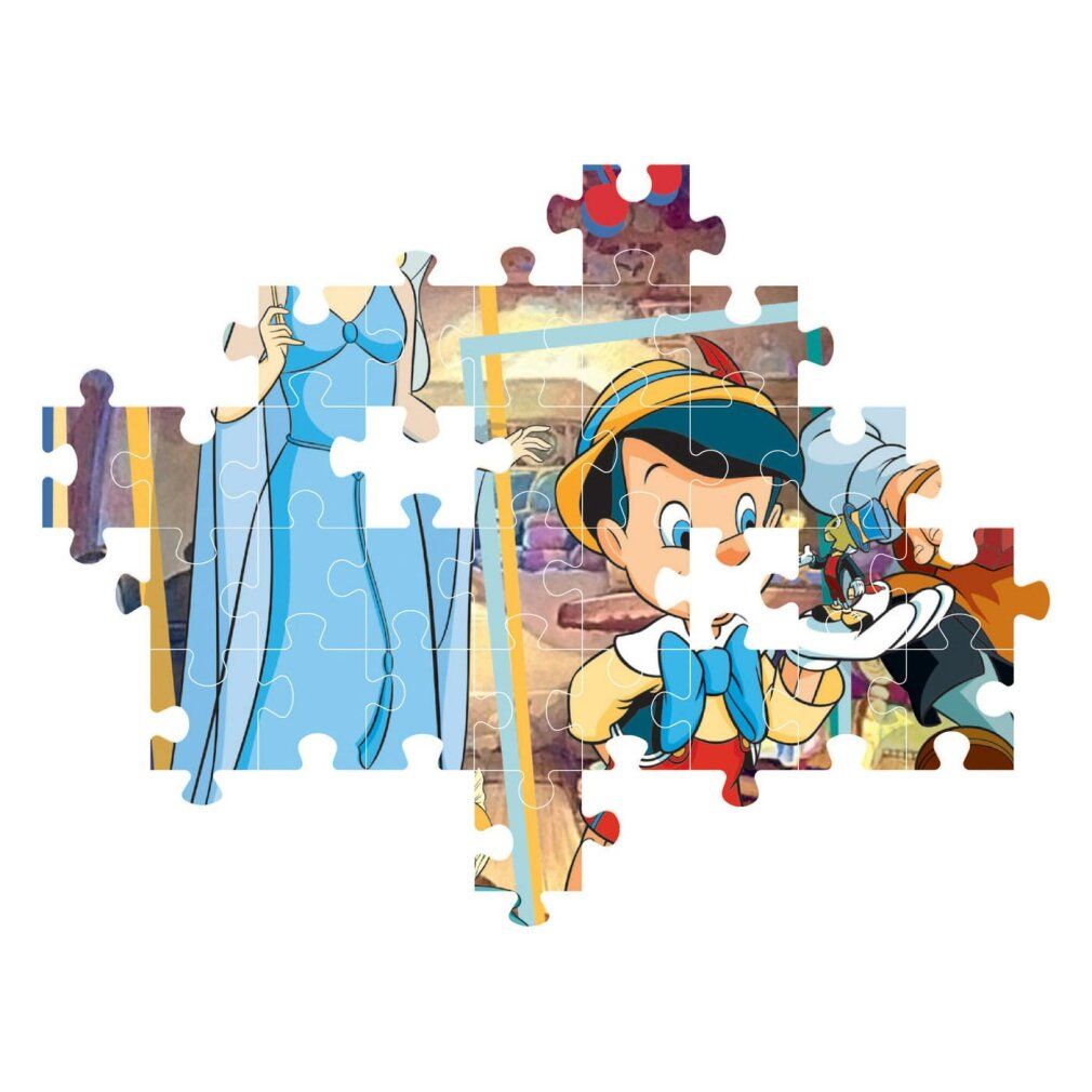 Pezzi di puzzle con illustrazioni di Pinocchio. Pezzi che mostrano personaggi e scene.