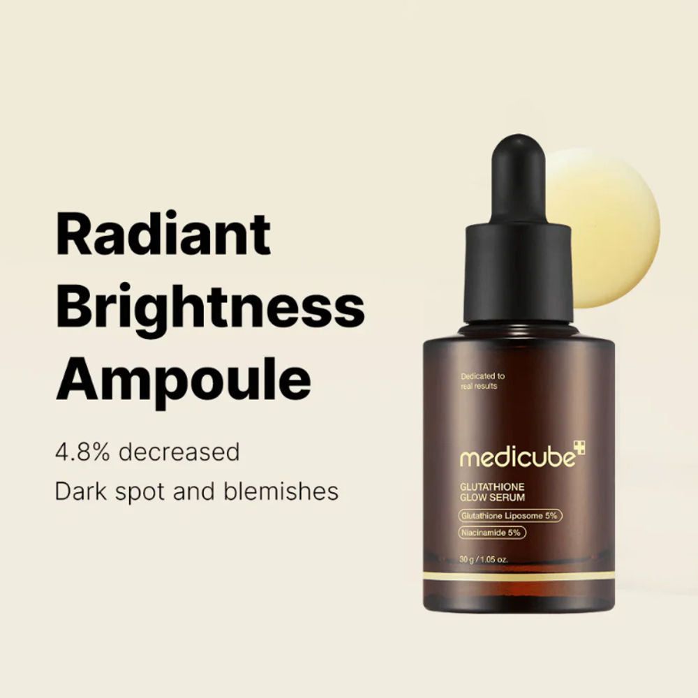 Medicube Glutathione Glow Serum in flacone di vetro marrone con contagocce, accanto a testo sulla luminosità.
