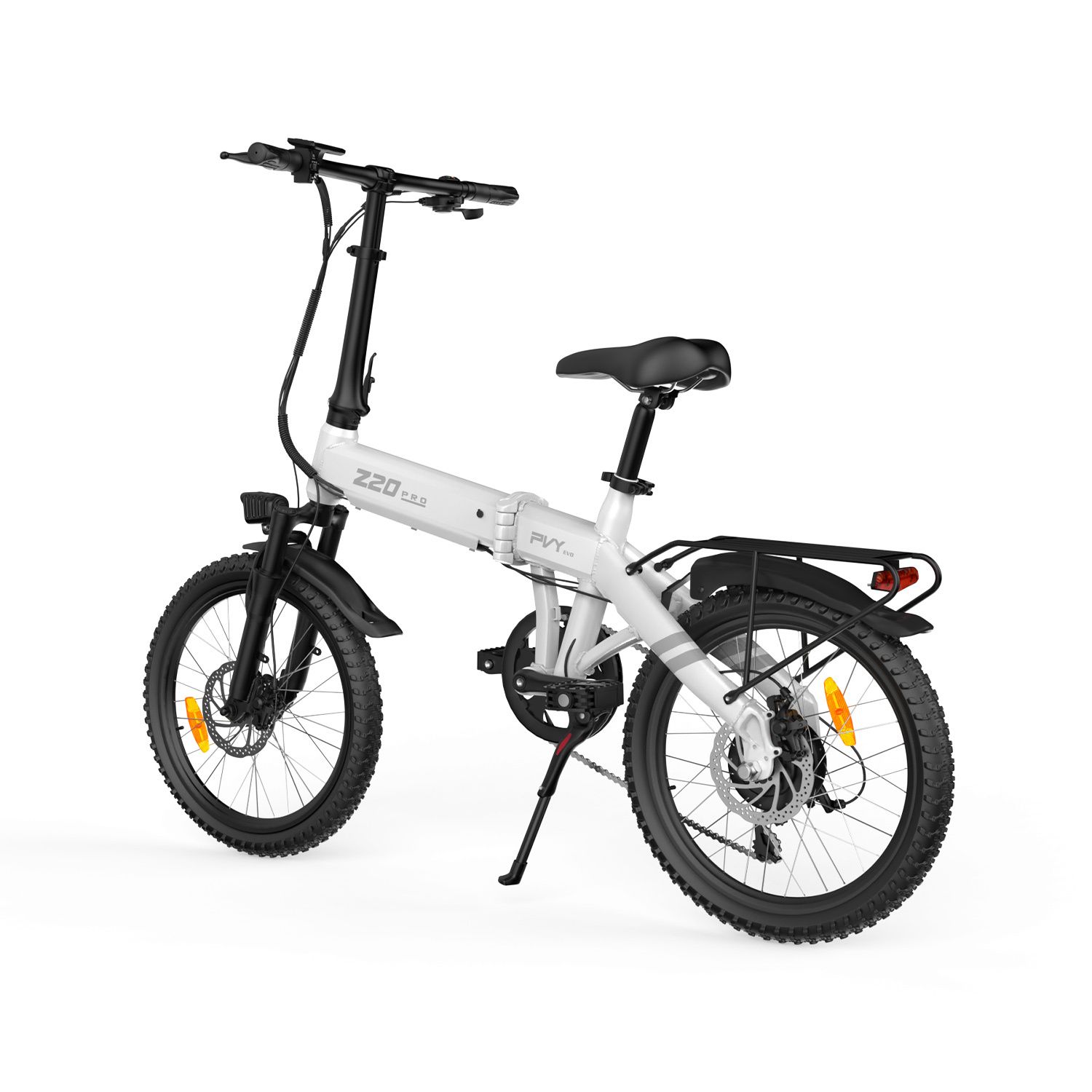 E-bike pieghevole, bianco e nero. Logo Z20, logo PVY, portapacchi, faro, parafanghi.