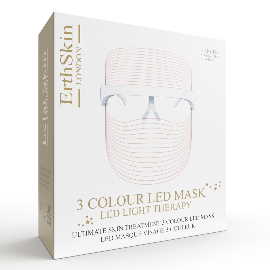 Confezione di ErthSkin London 3-Farben-LED-Maske. Scritta: 3 COLOUR LED MASK, LED LIGHT THERAPY. Immagine della maschera.