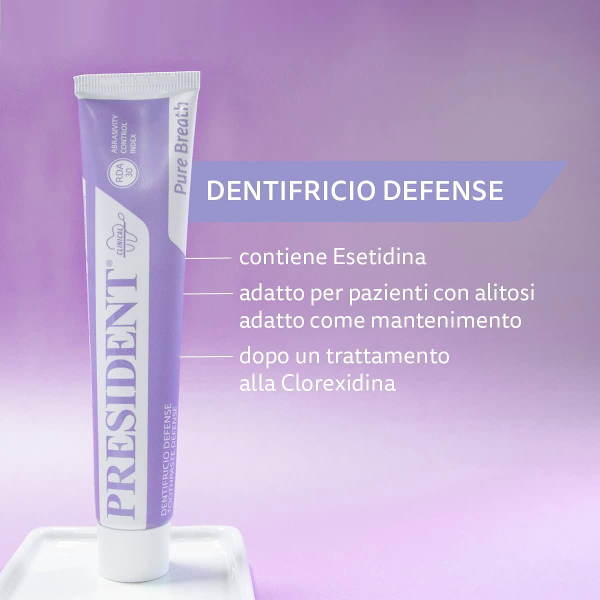 Tubo di dentifricio. Nome prodotto: PRESIDENT. Testo: Dentifricio Defense, Pure Breath, RDA 30. Sfondo: viola. Testo aggiuntivo: Contiene Esetidina.