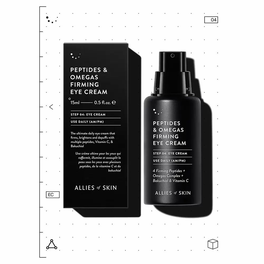 Confezione e flacone neri. Scritta: Peptides & Omegas Firming Eye Cream. Marchio: ALLIES OF SKIN.