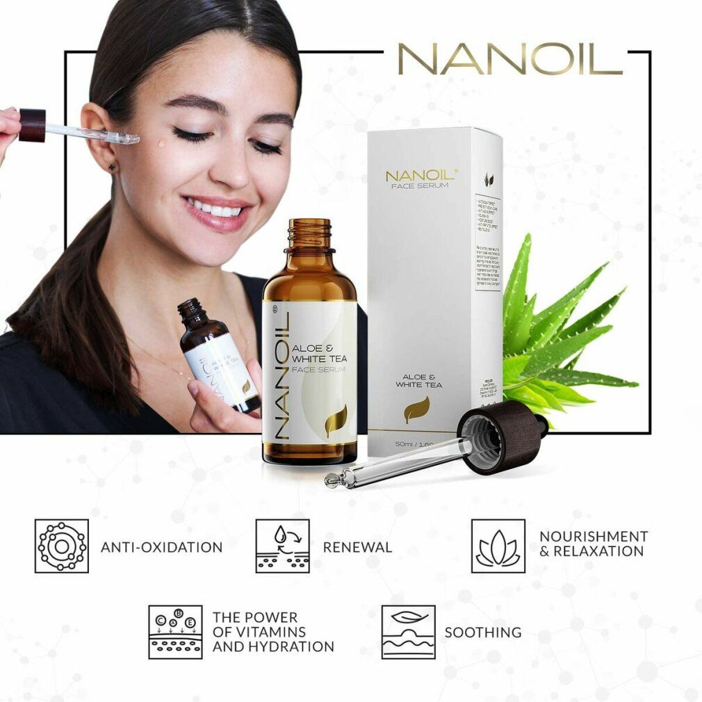 Donna con flacone e pipetta di siero. NANOIL Aloe & White Tea Face Serum. Confezione e prodotto. Grafici: anti-ossidazione, rinnovamento.