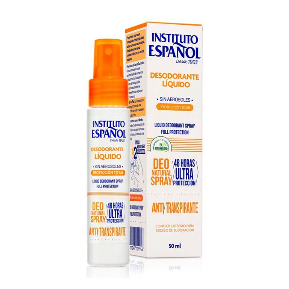 Spray deodorante con erogatore e confezione. Scritta: Instituto Español, Desodorante Líquido, protezione 48 ore, antitraspirante.