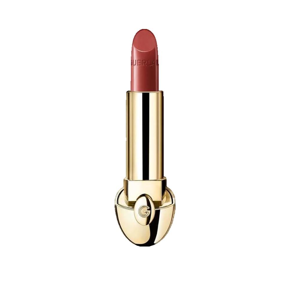 Rossetto marrone in stick con astuccio dorato. Scritta "GUERLAIN" sul rossetto.