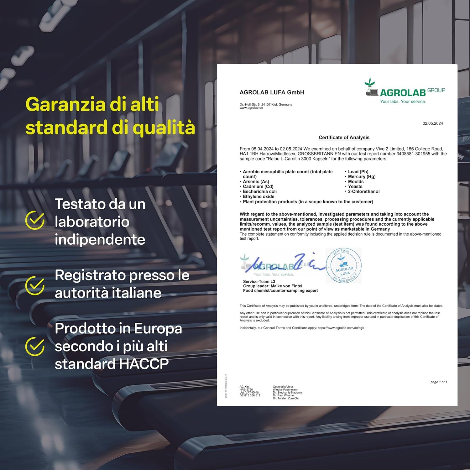 Certificato di Agrolab LUFA GmbH. Testo: Garanzia di elevati standard di qualità. Testato da laboratorio indipendente. Prodotto in Europa.