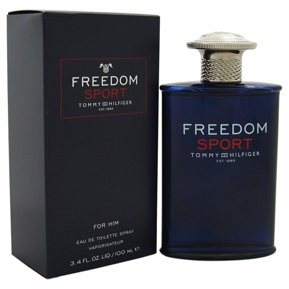 Flacone blu e scatola nera. Scritta FREEDOM SPORT, TOMMY HILFIGER. Eau de Toilette Spray. Per lui.