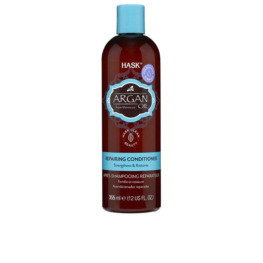 Flacone marrone con tappo blu. Scritta: Hask Argan Oil, Repairing Conditioner. Contiene 355 ml.