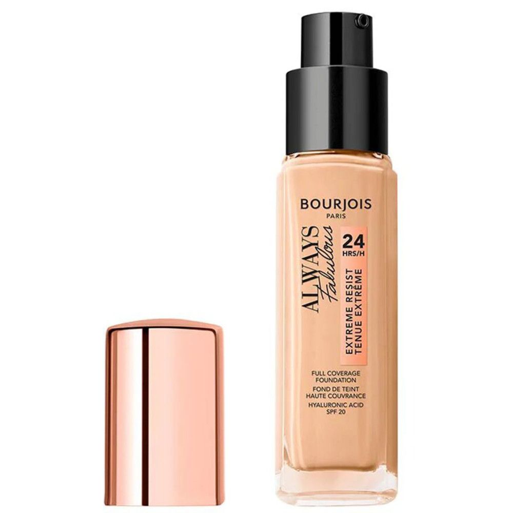 Flacone di fondotinta Bourjois Always Fabulous. Pompa nera, tappo oro rosa. Testo sul flacone.