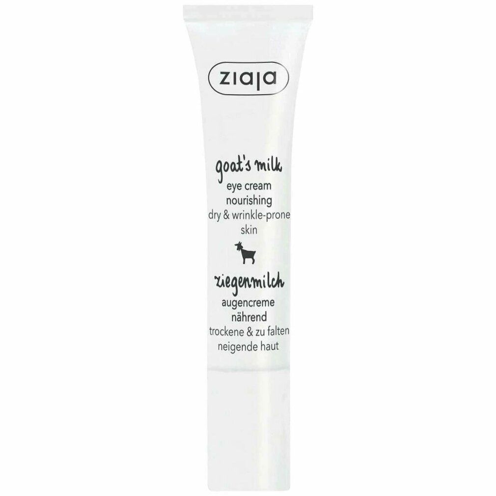 Tubo bianco con logo Ziaja e testo: goat's milk eye cream, nourishing dry & wrinkle-prone skin, Ziegenmilch, Augencreme. Scritta nera.