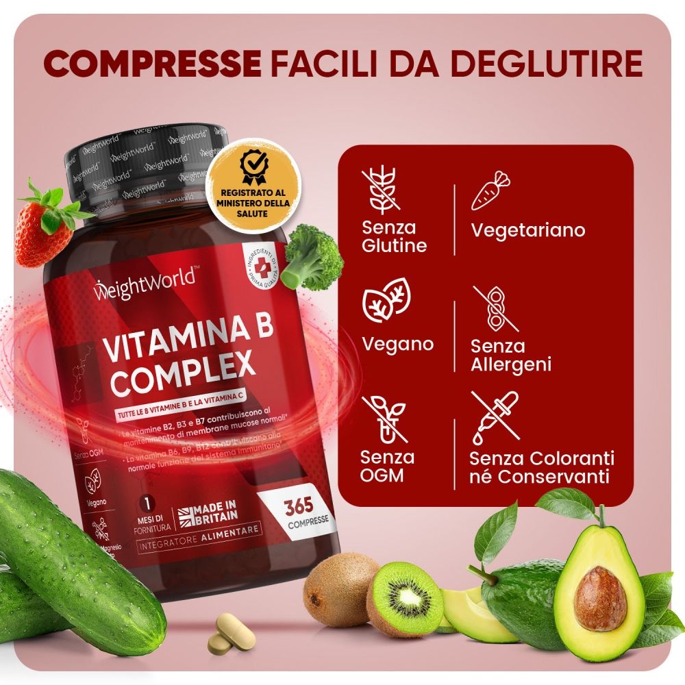 Flacone Vitamin B Komplex. Testo: COMPRESSE FACILI DA DEGLUTIRE. Frutta e verdura. Simboli: Senza glutine, Vegano, Senza OGM, Senza allergeni.